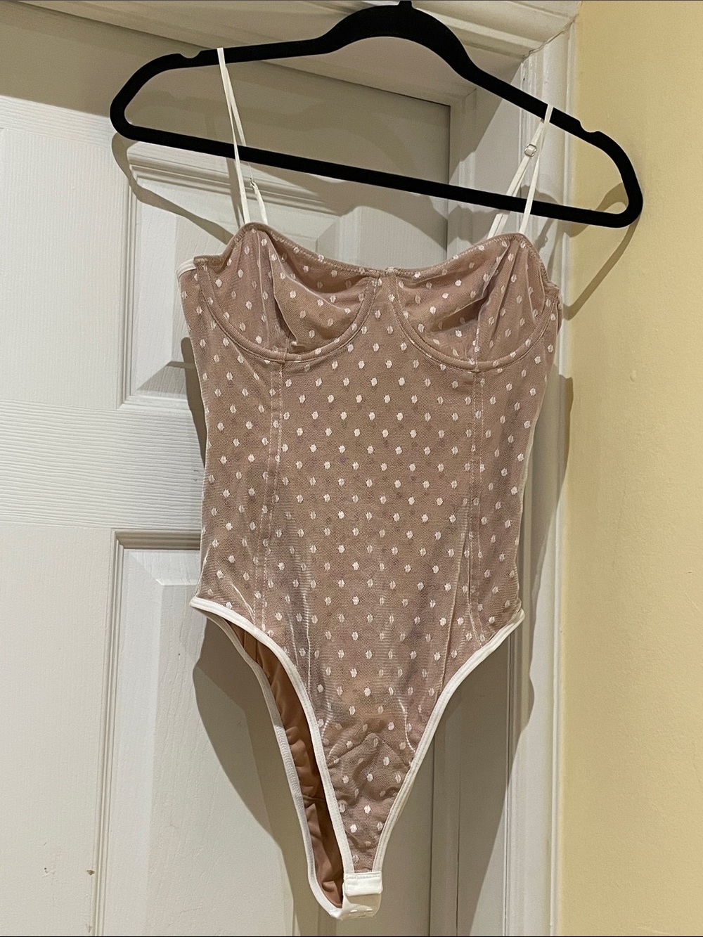 White Fox Beige Polka Dot Mesh Bodysuit Coquette Soft Glam S
